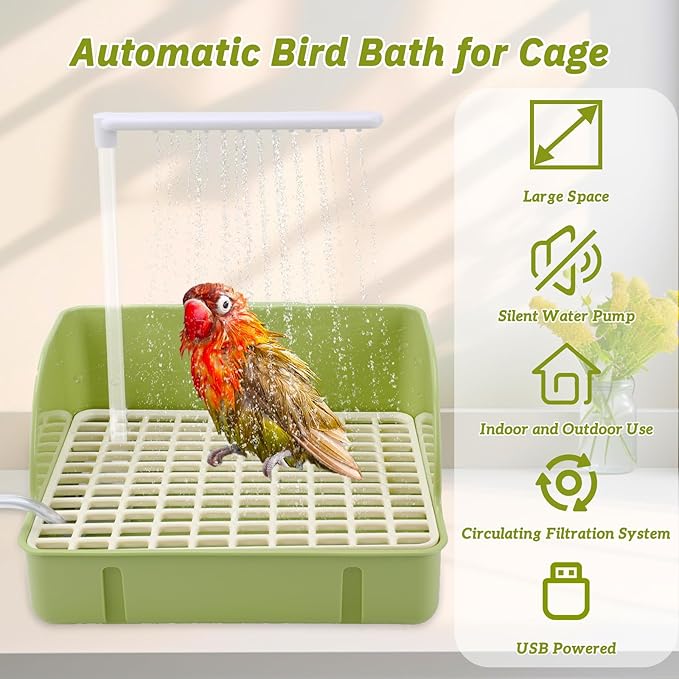 Automatic Bird Bath Fountain with Anti-Bite Cord Protector, Large Parrot Bathtub with Running Water Faucet, USB Electric Bird Shower for Parakeet, Cockatiel, Conure, African Grey, Lovebirds (Green)