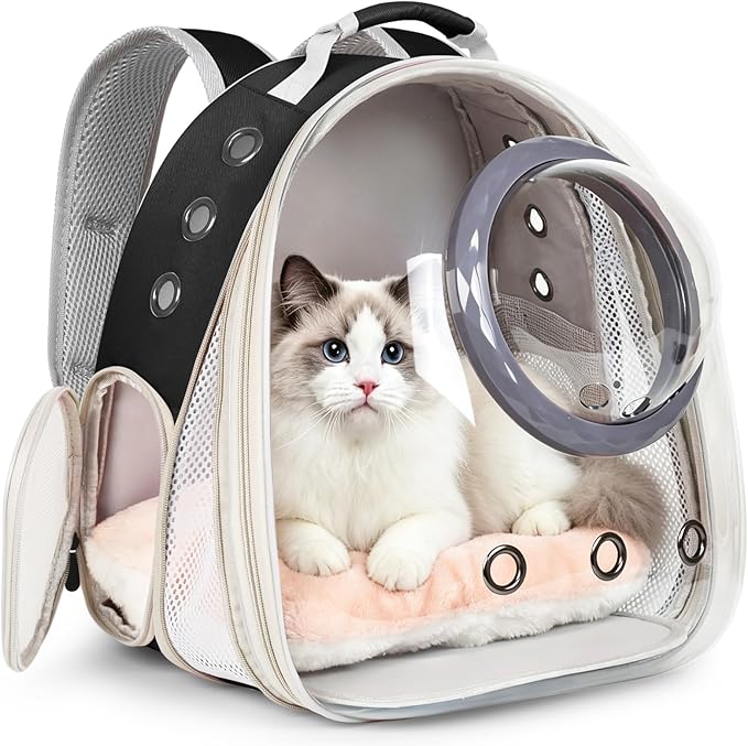 Front Extension Cat Backpack Carrier, Pet Travel Backpack for Kitten and Small Dogs, Clear Bubble Window Space Capsule Astronaut Liked Portable Vet Visit Book Bag Airline Approved