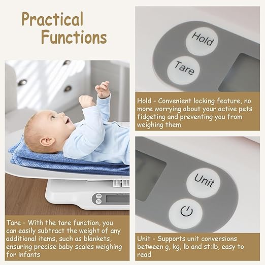 Digital Pet Scales with Detachable Tray – Accurate Baby Weighing Scales for Infants & Toddlers, Clear LCD Display, Tare & Hold Functions, Ideal Puppy Scales for Cats, Dogs, Kittens, Up to 30KG/66LB