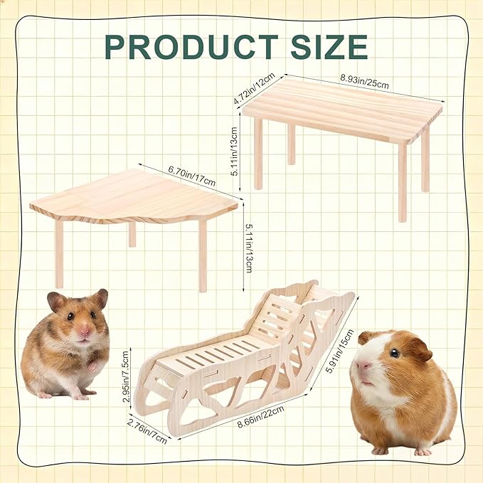 3-Piece Wooden Hamster Platform Set, Versatile Hideout & Exploration Tunnel with Ladder, Cage Decor for Syrian Dwarf Hamsters, Gerbils, Mice