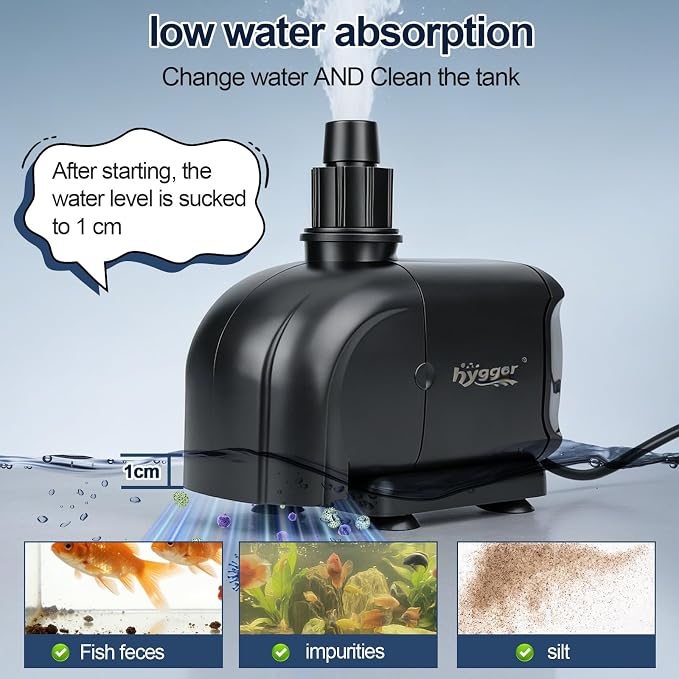 hygger 2-in-1 1060GPH Submersible Pump 65W,Side and Bottom Suction Fountain Water Pump with 13ft High Lift,Quick Water Change with 4 Interchangeable Nozzles for Aquarium, Fish Tank, Hydroponics,Pond