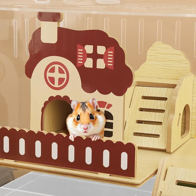 8 in 1 Clear Acrylic Hamster Cage with All Accessories,13.5''L* 10''W* 13''H Dwarf Hamster Cage,Small Hamster Habitat,Garden Style Mouse Cage for Pet Mice,Hamster Enclosure with Stairs(1-Layer,White)