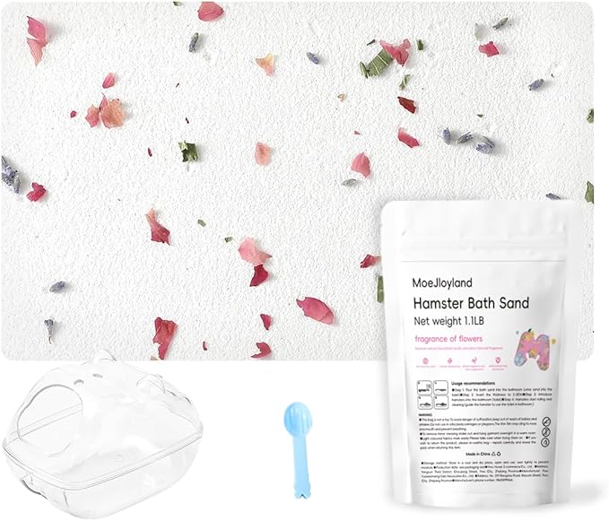 Hamster Sand Bath - Whit Fine Sand Hamster Bedding Reptile Silica Sand Gerbil Hideout for Hamster Chinchillas Gerbil Small Animals Small Pets (Flower Scent, 1.1 lb + L Hamster Bathtub + Scoop)