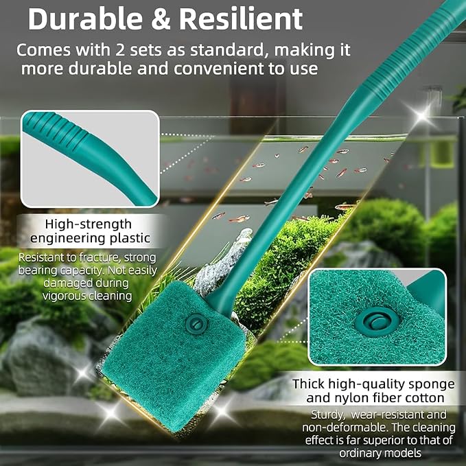 DaToo 2 PCS Fish Tank Cleaning Tools Double Sided Sponge Brush Cleaner Long Handle Aquarium Cleaning Scrubber for Aquariums and Home Kitchen