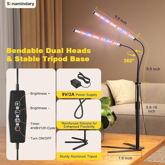 LED Grow Lights for Indoor Plants, Tripod Stand, Dual Head | 120 LEDs, Upgraded 9V System, 9.8-35 in Adjustable Tripod, 5700K Full Spectrum, CRI 90+, 4/8/12H Timer, 5 Brightness Levels