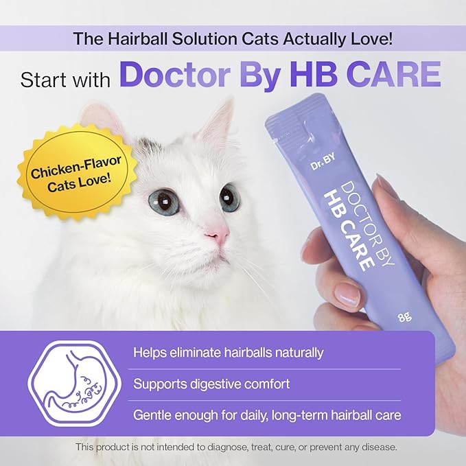 Doctor By HB Care Hairball Treatment for Cats - Hairball Relief & Digestive Support Supplement with Psyllium Husk & Fiber - Lickable Formula, Individually Packed, Chicken Flavor (30 Count)
