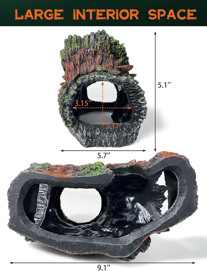 Aquarium Decor - Large Hollow Bark Hiding Cave,Resin Reptile Hideout for Bearded Dragons,Fish Tank Hideout with Realistic Scales Texture, Lizard,Gecko,Turtle, Snake,Beta Fish,Plecos Aquatic Pet