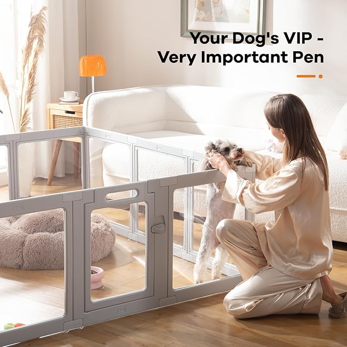Clear Acrylic Dog Playpen Indoor, Puppy Cat Small Pet Play Pen, Pet Cat Playpen for Rabbits, Dog Fence Crate Kennel Whelping Cage (Grey, 8 Panel)