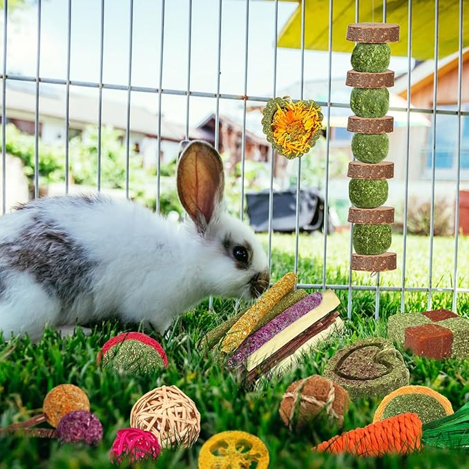 YIXUND Rabbit & Guinea Pig Toys - Natural Timothy Hay & Apple Wood Sticks for Teeth Care - Handmade for Hamster, Bunny, Chinchilla (27 Pcs)
