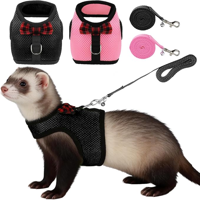 Rypet Small Animal Harness and Leash - Soft Mesh Pet Harness with Safe Bell, No Pull Comfort Padded Vest for Small Pet Black + Pink S