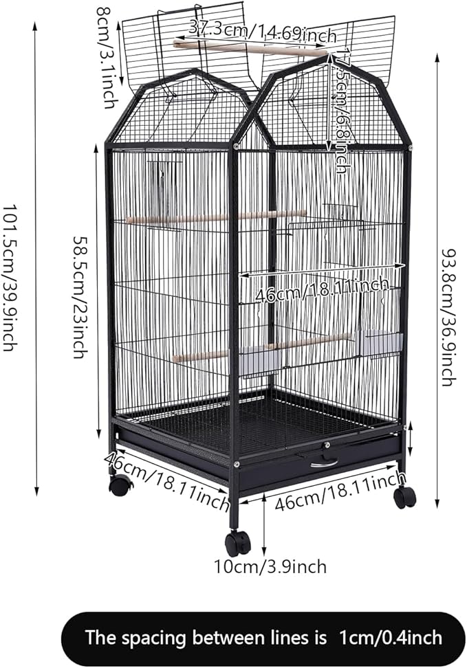 Bird Cage 40-Inch Metal Pet Bird Flight Cage with Play Open Top and Rolling Stand, Large Finch Bird Cage with Anti-Escape Door for Conure Canary Parekette Macaw Cockatoo Budgie Cockatiels Parrot