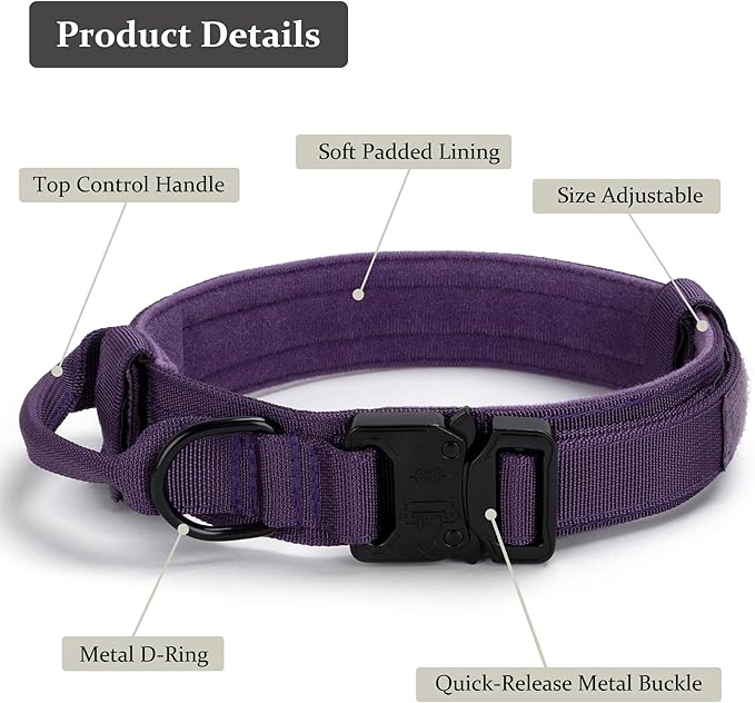 Tactical Dog Collar, Adjustable Military Training Nylon Dog Collar with Control Handle and Heavy Quick-Release Metal Buckle for Small Medium Large Dogs, Purple XXL
