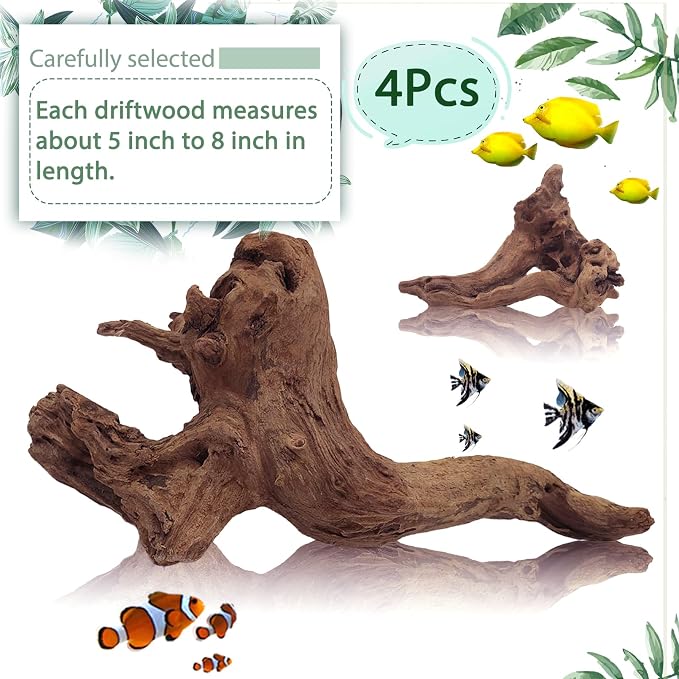 Tfwadmx Natural Driftwood for Aquarium Decor-4 Pieces 5-8" Assorted Driftwood,Fish Tank Drift Wood Decoration, Freshwater Wood Branches Ornament for Reptile Terrarium,Air Plants