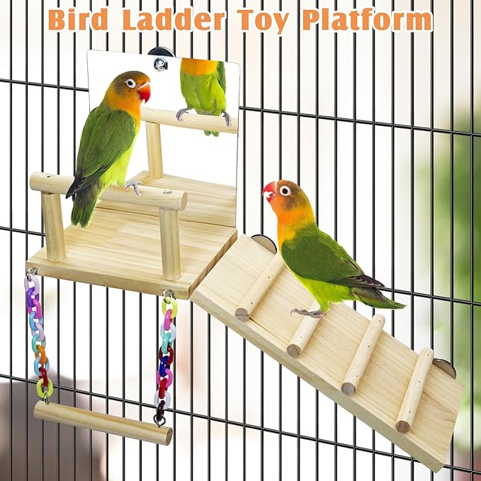 BNOSDM Bird Perch Platform with Mirror, Wooden Climbing Ladder for Parakeet, Small Bird Swing Toys Parrot Cage Accessories Budgie Playground for Cockatiel, Lovebirds, Conures, Finch