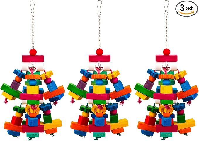 Seenelling 3 Pcs Large Parrot Toys Colorful Chewing Toy with Natural Wood Blocks for African Greys, Cockatoos, Parrots, Macaws, Medium Birds Cage Toy Accessories