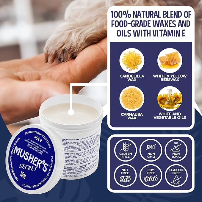 Musher’s Secret Dog Paw Wax 454g (16oz) – All-Natural Dog Balm w/ Vitamin E – Helps Protect & Moisturizes Cracked Paws – Invisible Barrier for Hot Pavement, Ice & Salt – Lick-Safe & Non-Toxic