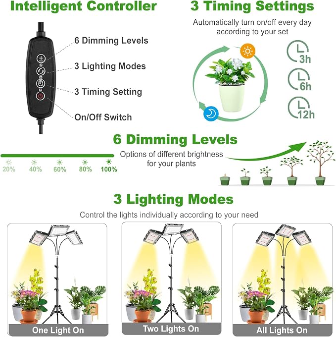 LBW Grow Light with Stand, Tri-Head LED Grow Lights for Indoor Plants | 150 LEDs Full Spectrum Plant Light, 3/6/12H Timer, 6 Brightness, 3 Switch Modes,15-63in Adjustable Stand, for Tall Plants