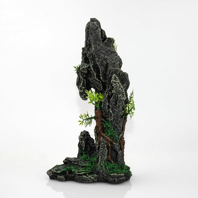 Aquarium Mountain View Stone Ornament, Large Resin Hideout Cave for Betta & Shrimp, Fish Tank Decor Rock Cave with Fish Cave and Hideouts (7.28" x 4.13" x 13.58")