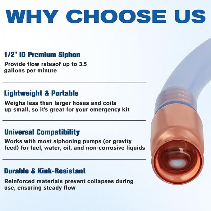 Shaker Siphon Hose 1/2",Gas Siphon Pump for Gasoline, safety siphon | 10FT Self-Priming Copper Valve, Extended PVC Hose for Gasoline, Diesel and Water, Ideal for Gas Cans, Boat and Lawn Equipment
