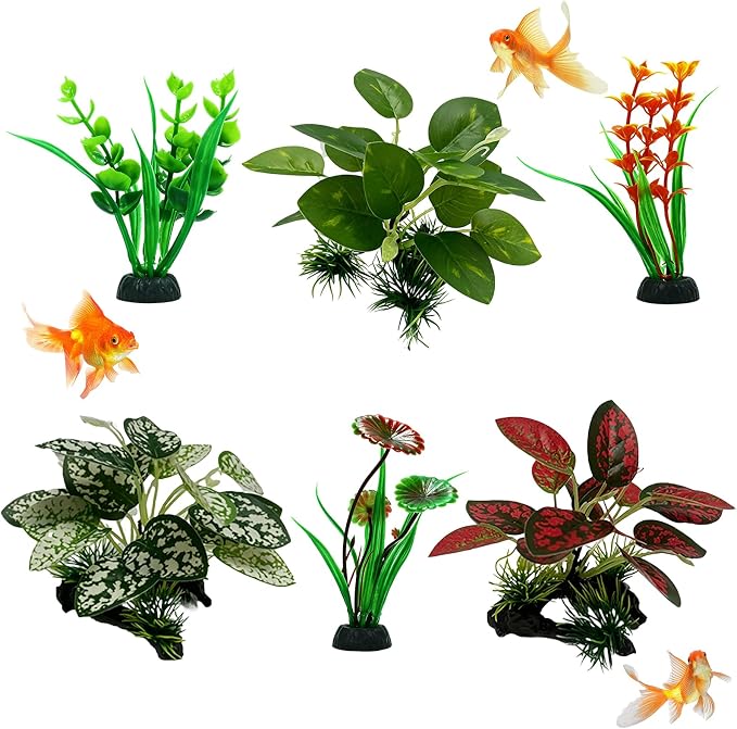 6PCS Silk Aquarium Plants, Underwater Decor Set for Fish Tanks, Silk Plants for Fish Tank, Goldfish, and Shrimp Habitats, Silk Plant Collection with Driftwood and Leaf Varieties