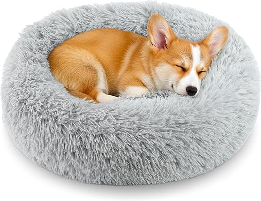 Calming Extra Large Donut Dog Bed, Round Soft Fluffy Plush Faux Fur Anti-Anxiety Washable Anti-Slip Pet Bed for Large Size Dog and Cat 32in Gray