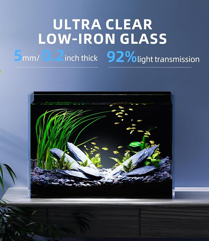 5 Gallon Glass Fish Tank Rimless with Black Background Rectangular Tank | Ultra Clear Low-iron Glass, 5 mm Thick, 92% Light Transmission, for Betta Shrimp Guppy Snail, Included Leveling Mat