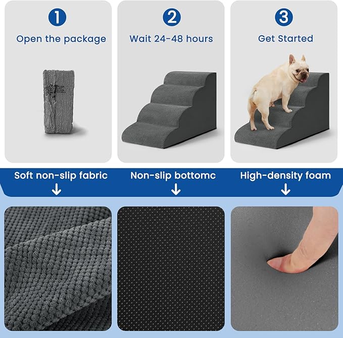 Airpanda Dog Steps for Bed, 4 Step Pet Stairs for Small and Medium Dogs, Non-Slip Dog Ramp with Washable Cover, High-Density Support Foam for Easy Climbing,Grey