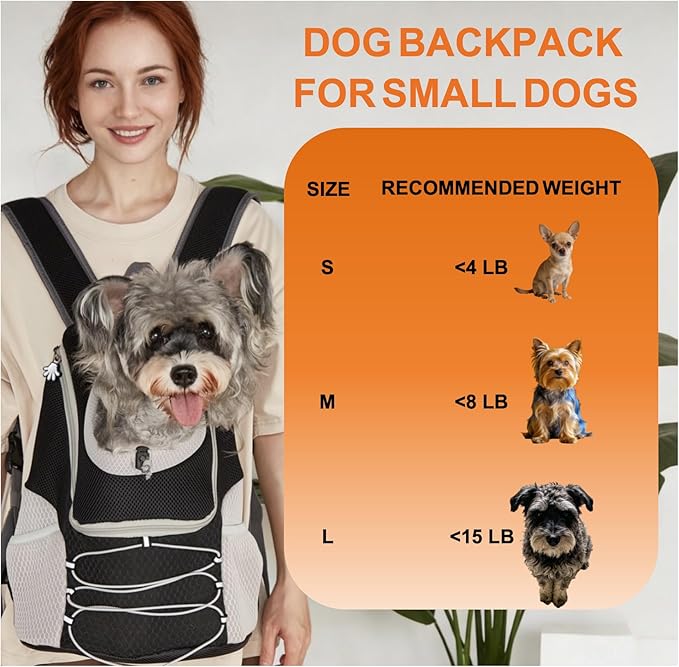 Dog Carrier Backpack for Small Dogs 2-15 lbs, Breathable Front Chest & Back Pet Carrier, Puppy Backpack with Safety Tether for Hiking Walking, Shoulder Bag for Dog, Black Grey (L)
