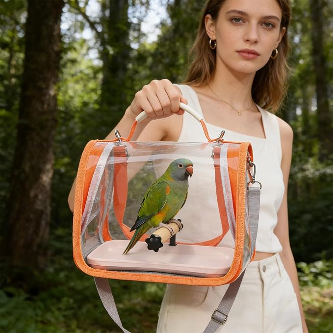 Portable Bird Travel Carrier Breathable Mesh Backpack with Perch Tray Clear View Lightweight Foldable Carrier for Small Parrots Parakeets Lovebirds (Yellow)