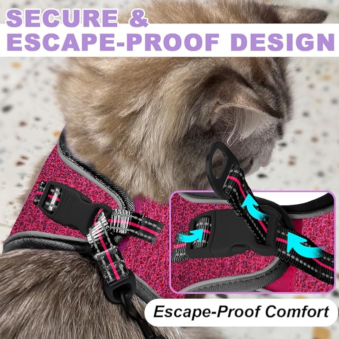 Cat Harness and Leash Set,Escape Proof Kitten Harness,Step in Adjustable Soft Lightweight,Easy Control,Reflective Strips Comfortable for Walking Travel(Pink/Black,XS)