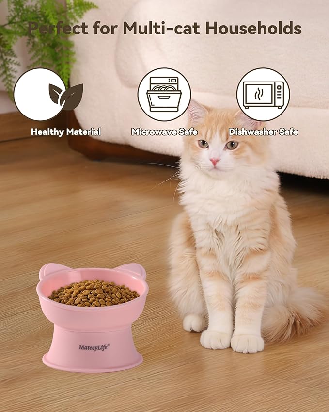 MateeyLife Raised Cat Bowls, Cat Food Bowl Elevated for Kittens & Small Dogs, 15°Tilted Protect Pets' Neck and Anti Vomiting, Whisker Friendly Food & Water Feeding Bowl, 6 oz Each - Pink