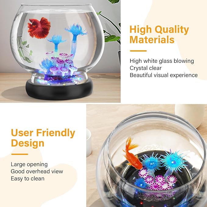 hygger 0.5 Gallon/1 Gallon Glass Fish Bowl with LED Light and Decor, Small Round Betta Fish Tank Goldfish Bowl, Round Clear Unbreakable Aquarium/Vase/Hydroponic Plant Terrarium, Nice Centerpieces