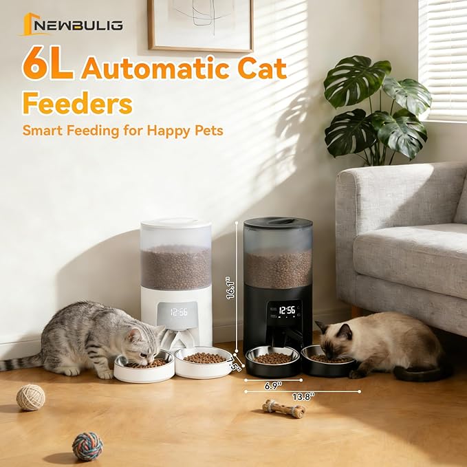 NEWBULIG Automatic Cat Feeder for 2 Cats, 6L Timed Pet Feeders with 10s Voice Recorder, Dog Food Dispenser, Dry Food, 6 Meals, Programmable 50 Portions, Dual Power Supply