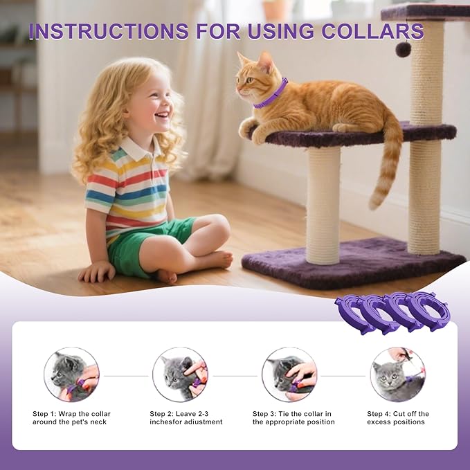 Cat Calming Collar, 15-Inch Adjustable, 60-Day Stress Relief, Purple, 4-Pack