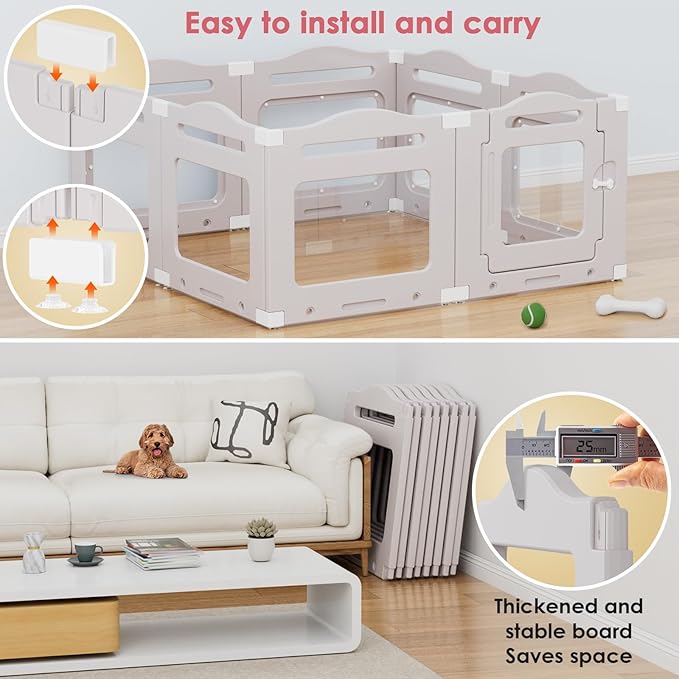 Acrylic Dog Playpen Indoor, Puppy Cat Small Pet Play Pen, 50.8" L x 50.8" W x 23.6" H Clear PlayPen for Cat Rabbit Ferret, Dog Fence Crate Whelping Cage (Apricot Gray, 8 Panel)