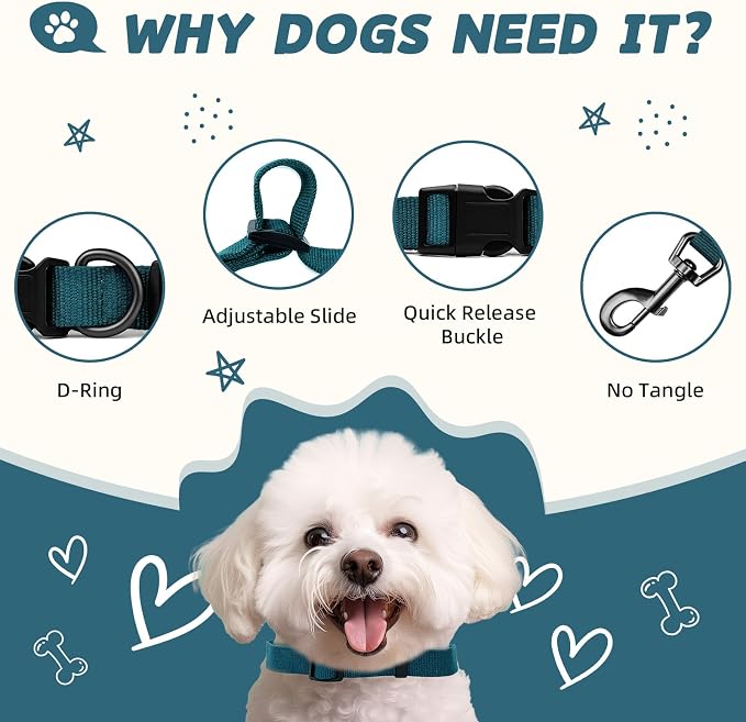 Peacock Blue Dog Collar and Leash Set for Large Dogs Soft and Breathable of 90% Rayon from Bamboo and 10% Polyester Comfortable Skin-Friendly, Adjustable Leash Set with Quick Release Buckle