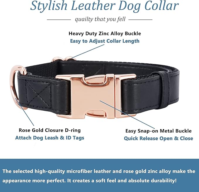 Dog Collar and Leash Set.Soft and Easy to Clean Vegan Leather with Rose Gold Metal Buckle for Small Medium Large Dogs (Black, L(15.4”-24.8“)