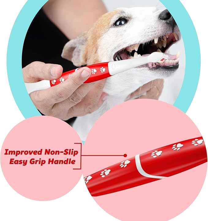 Pet Toothbrush for Dogs, Cats with Soft Bristles - Easy Teeth Cleaning & Dental Care, Non Slip Dual Head Dog Toothbrush for Medium & Large Pets, Toothpaste Not Included (Pack of 4(Red))