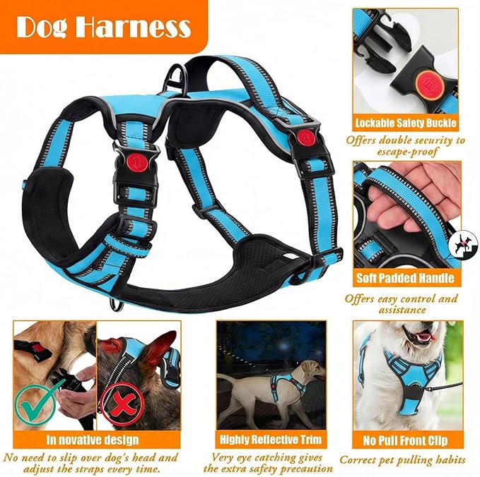 LOBEVE No Pull Dog Harness, Collar & Leash Set | Includes Dog Seat Belt, Collapsible Bowls & Poop Bag Dispenser. Ideal for Training, Walking, Hiking. Fits Small to Large Dogs(Blue-S)
