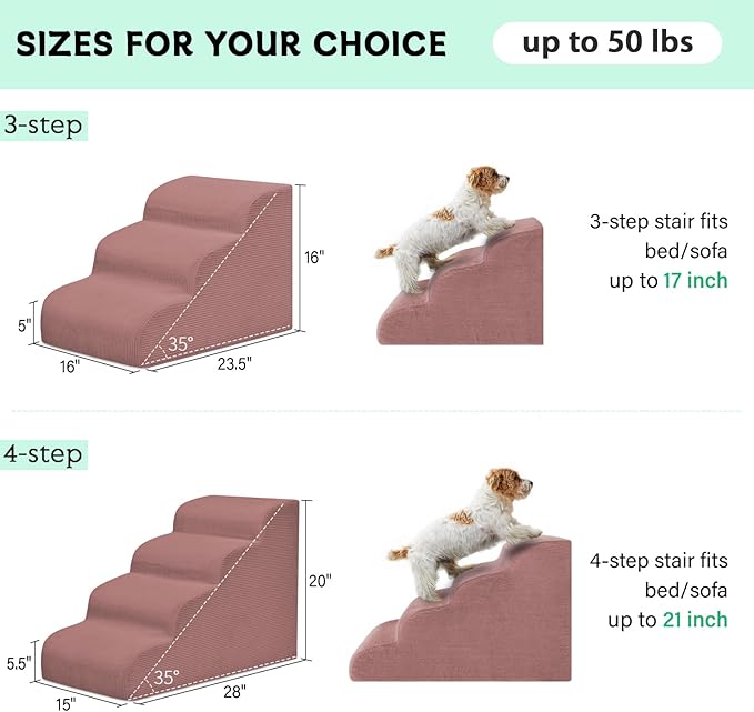Mesa Lemon Dog Steps for Small Dogs, 4-Step Pet Ramp Stairs for High Beds and Sofa, Non-Slip Pet Stairs for Small Dogs and Cats, Removable and Easy to Clean Cover, Pink