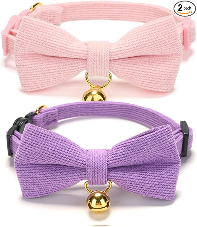 2 Pack Soft Corduroy Cat Collars with Bow Tie & Bell, Adjustable Breakaway Cotton Kitty Bowtie Collar for Girl Female Kitten (Pink & Purple)