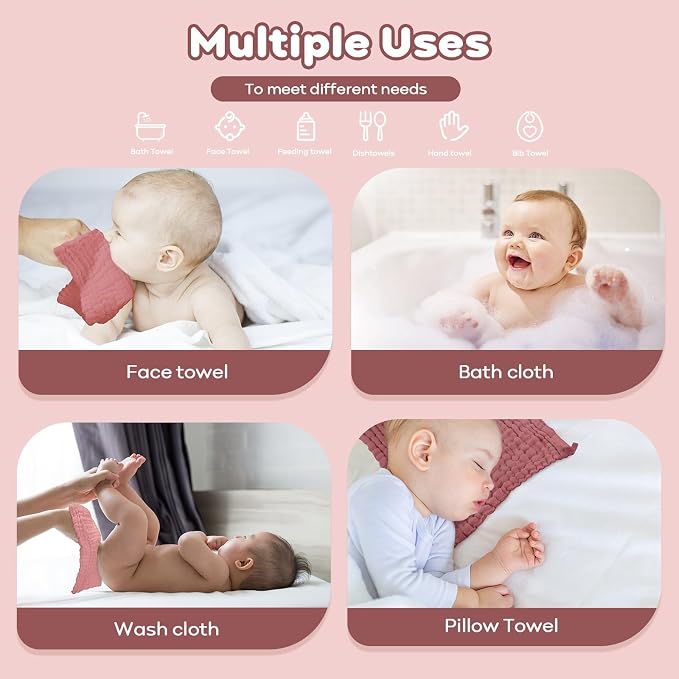 Yoofoss Muslin Baby Washcloths 100% Organic Cotton Face Towels 6 Pack Wash Cloths for Baby 12x12in Soft and Absorbent Baby Wipes (Gradient Pink)