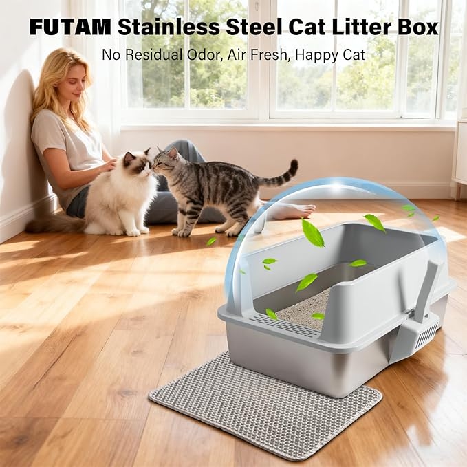2Pack Stainless Steel Litter Box, XL Extra Large Cat Litter Boxes for Big Cats, Metal Litter Box with Lid High Sides, Leak-Proof, Never Absorbs Odors, Easy Cleaning, Non-Stick, Scoop Included