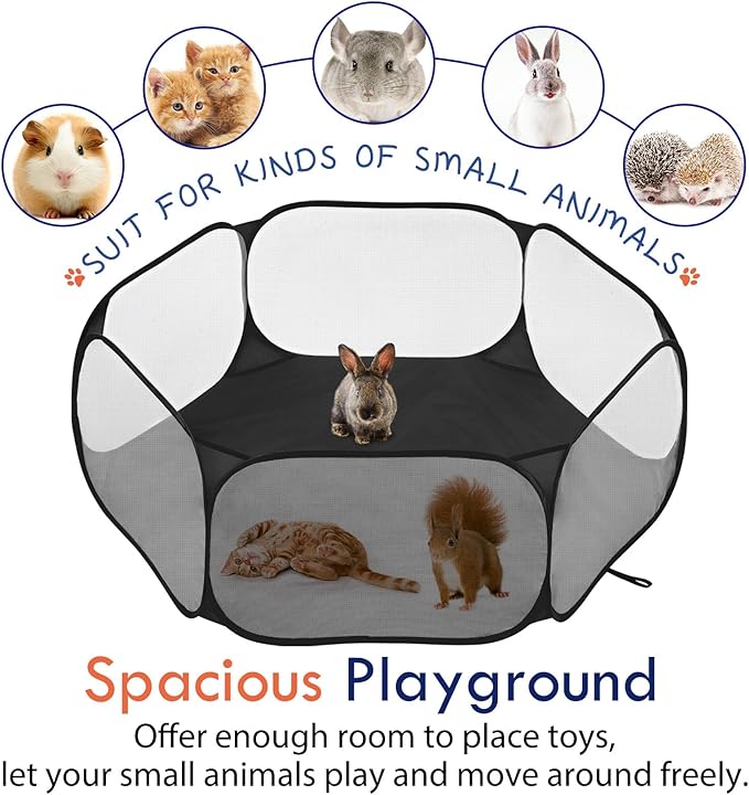 Pawaboo Small Animals Playpen, Waterproof Small Pet Cage Tent with Strong Steel Wire Frame, Portable Outdoor Yard Fence for Chick/Kitten/Puppy/Guinea Pig/Rabbits/Hamster/Chinchillas, Black