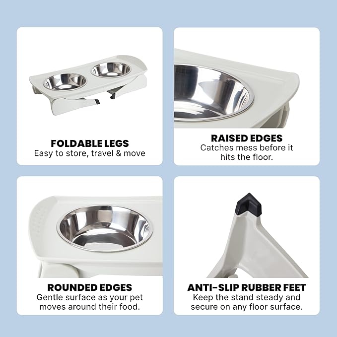 MalsiPree Elevated Dog Bowls for Small Dogs - 6.5" Raised Dog Bowl Stand with Splash Guard - Portable Folding Pet Feeding Station with 2 Stainless Steel Bowls - Dog Birthday & Adoption Gift, White