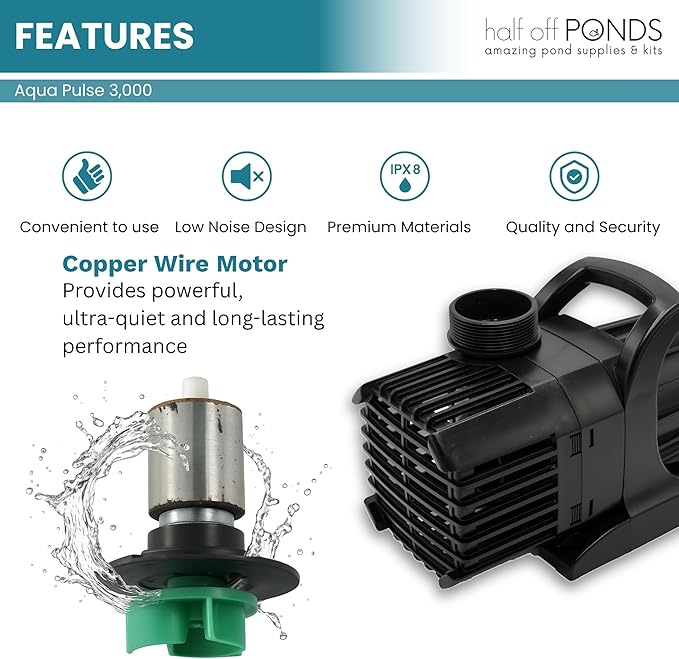 HALF OFF PONDS Submersible Water Pump, 3,000 GPH Pond Pump with 33FT Power Cord and 19FT Max Head, 192W Ultra Quiet Energy Efficient Pump for Koi Pond, Fountain, Waterfall, Water Garden, Skimmer