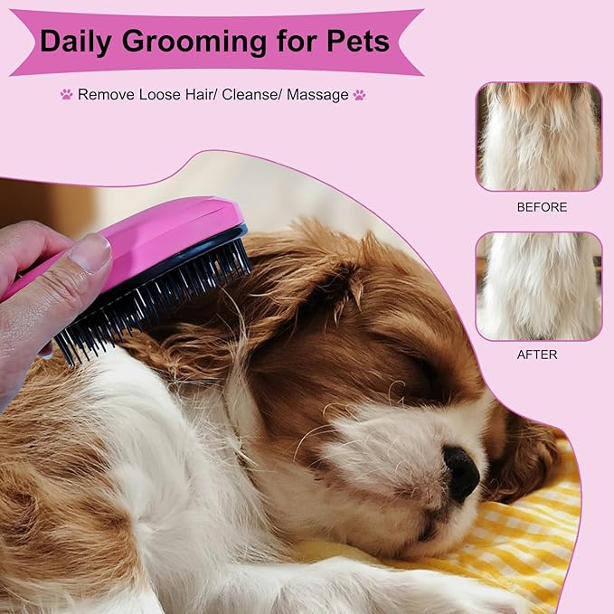 3 PCS Puppy Brush Grooming Kit, Stainless Steel Flea Comb, Fit for Yorkie, Shih Tzu, Maltipoo, Soft Bristle (Pink)