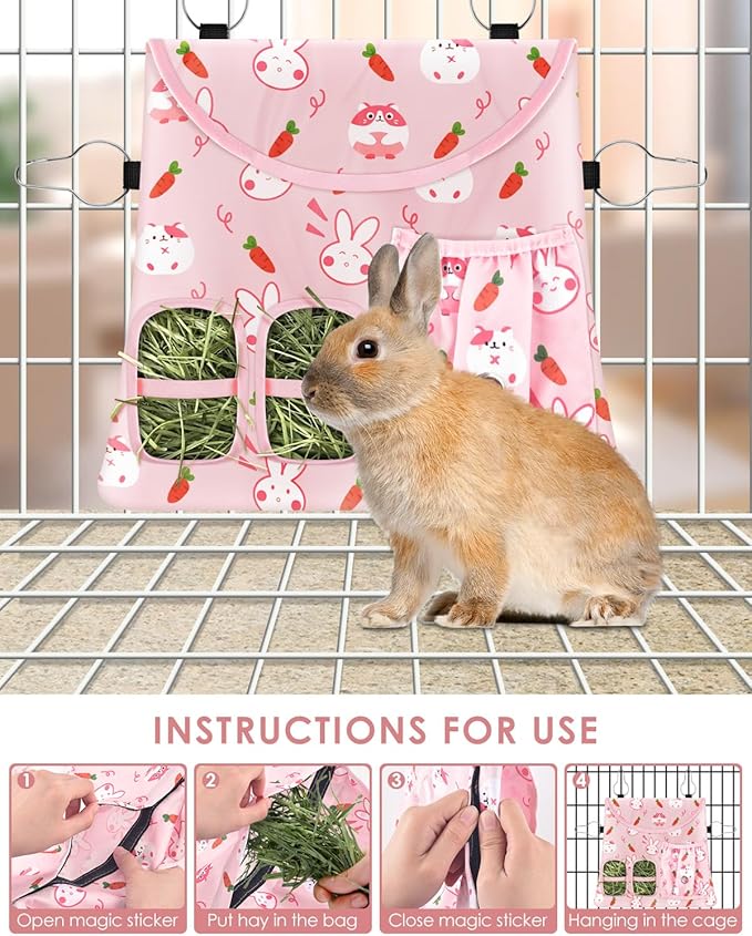Bissap Rabbit Hay Feeder Bag, 2 Holes Hanging Hay Feeder Guinea Pig Hay Bag with Side Pocket for Rabbits Bunny Chinchillas Hamsters Rats and Other Small Pets Small Animal - Pink