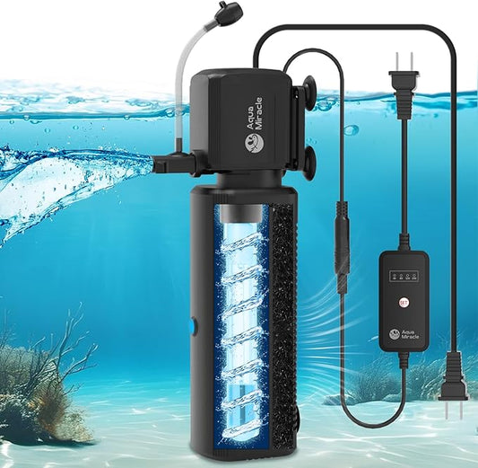 AquaMiracle Aquarium U-V Filter for Green Water Control with Timer, with Filter Sponge, Fish Tank Filter Turtle Filter with Aeration/Rainfall Mode for 40-150 Gallon Aquariums Freshwater and Saltwater