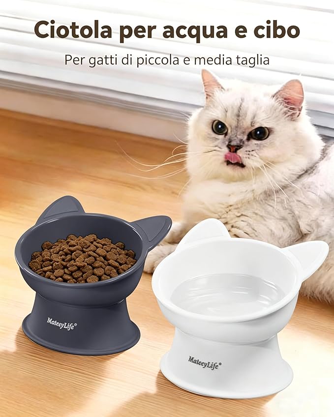 MateeyLife Elevated Cat Bowls, 2P Raised Food and Water Bowl Set for Indoor Cats & Small Dogs, Whisker Fatigue Cat Bowl, Anti Vomit Feeding Pet Bowls, 6 oz Each, Dishwasher Safe - White & Grey